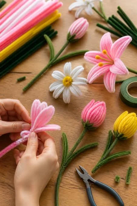 Hand-shaping pipe-cleaner flowers